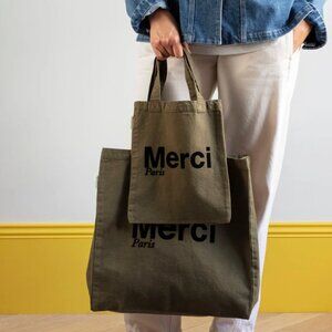 MERCI MINI COTTON TOTE BAG IN KHAKI AND BLACK